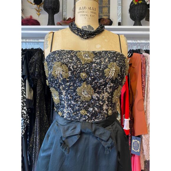 vintage 1960s black silk beaded maxi dress 60s formal gown metallic eyelash xs - Picture 2 of 10